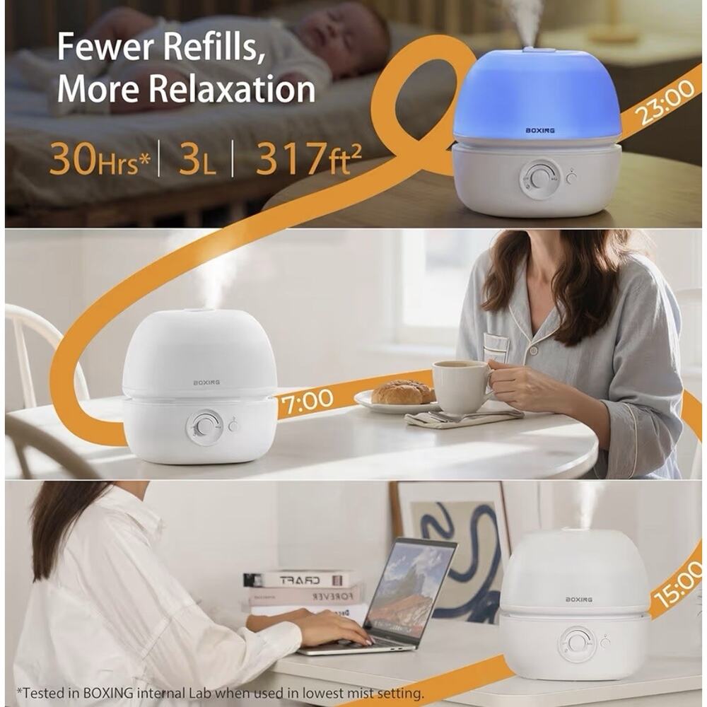 BOXING 3L Top Fill Cool Mist Humidifier Quiet Aromatherapy Night Light BPA Free - Picture 2 of 8